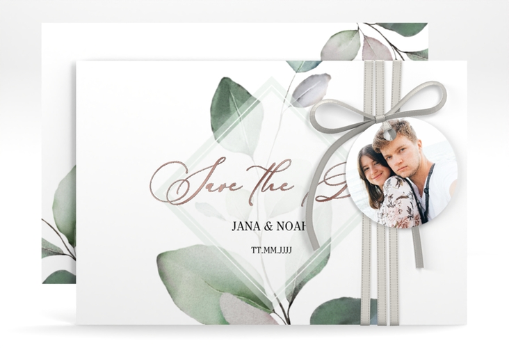 Save the Date-Karte Foglia A6 Karte quer weiss rosegold edel mit Eukalyptus im Aquarell-Design