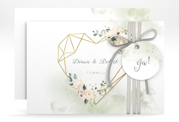 Save the Date-Karte Adore A6 Karte quer gruen gold mit geometrischem Herz und Rosen in Aquarell