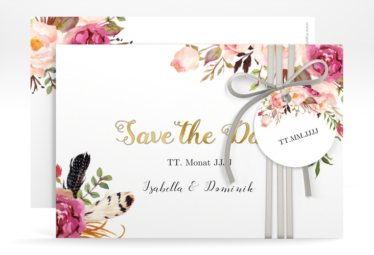 Save the Date-Karte Flowers A6 Karte quer weiss gold mit bunten Aquarell-Blumen