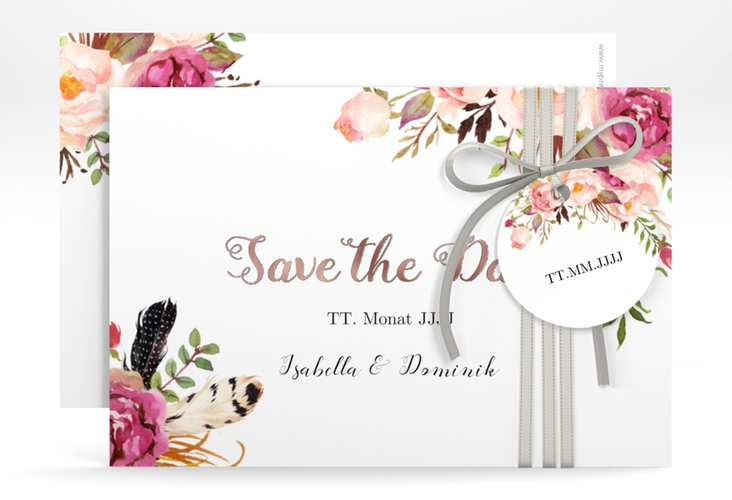 Save the Date-Karte Flowers A6 Karte quer weiss rosegold mit bunten Aquarell-Blumen