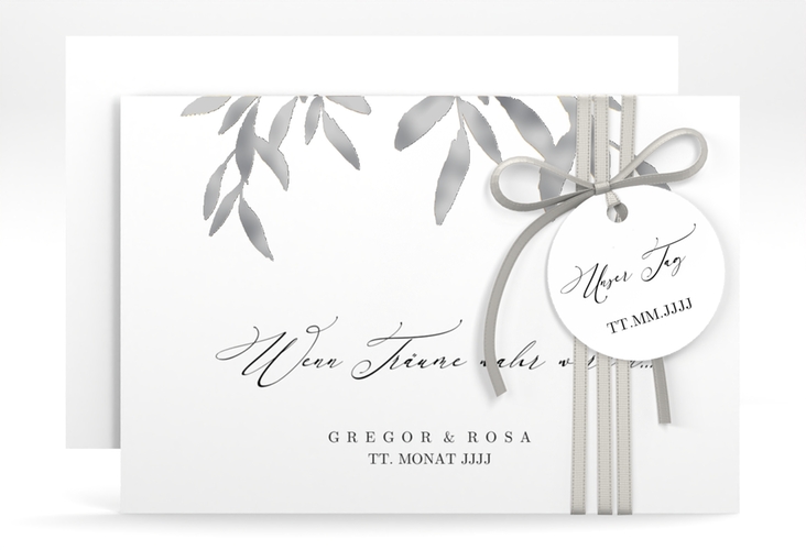 Save the Date-Karte Demure A6 Karte quer weiss silber