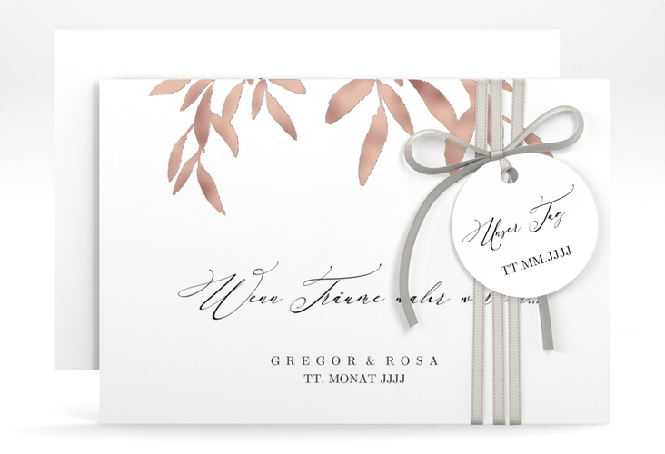 Save the Date-Karte Demure A6 Karte quer weiss rosegold