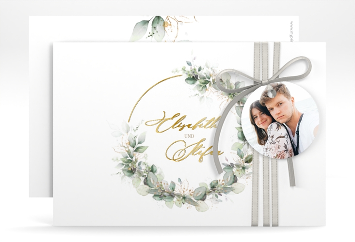 Save the Date-Karte Selvatica A6 Karte quer weiss gold mit Eukalyptus-Kranz