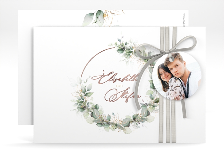 Save the Date-Karte Selvatica A6 Karte quer weiss rosegold mit Eukalyptus-Kranz