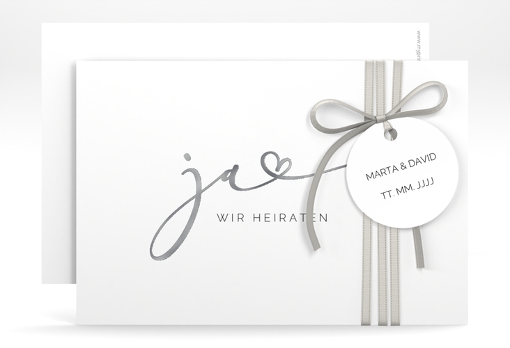 Save the Date-Karte Jawort A6 Karte quer weiss silber modern minimalistisch mit veredelter Aufschrift
