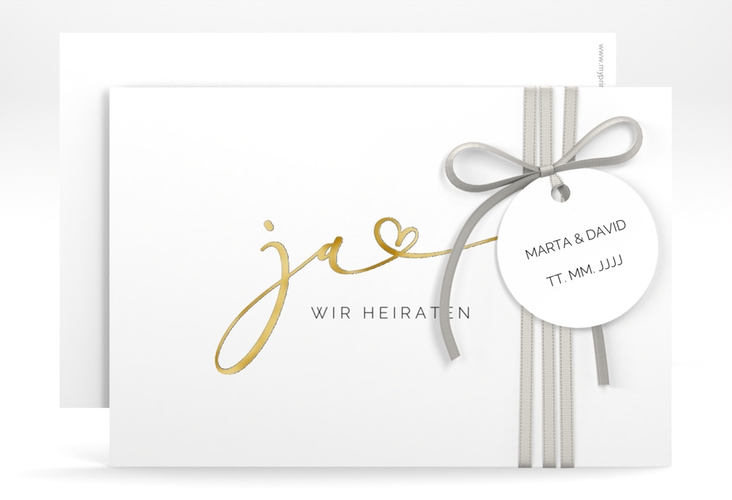 Save the Date-Karte Jawort A6 Karte quer weiss gold modern minimalistisch mit veredelter Aufschrift