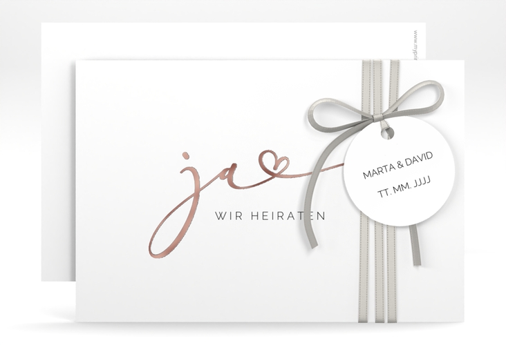 Save the Date-Karte Jawort A6 Karte quer weiss rosegold modern minimalistisch mit veredelter Aufschrift