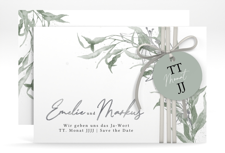 Save the Date-Karte Eucalyptus Green A6 Karte quer weiss silber