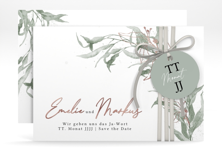 Save the Date-Karte Eucalyptus Green A6 Karte quer weiss rosegold