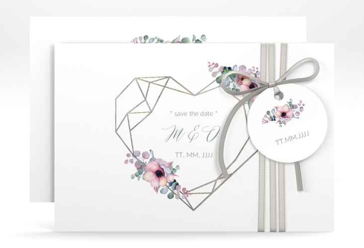 Save the Date-Karte Herzgold A6 Karte quer weiss silber