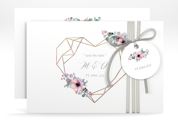 Save the Date-Karte Herzgold A6 Karte quer weiss rosegold