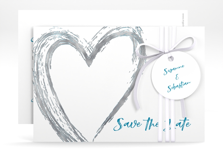 Save the Date-Karte Liebe A6 Karte quer tuerkis silber
