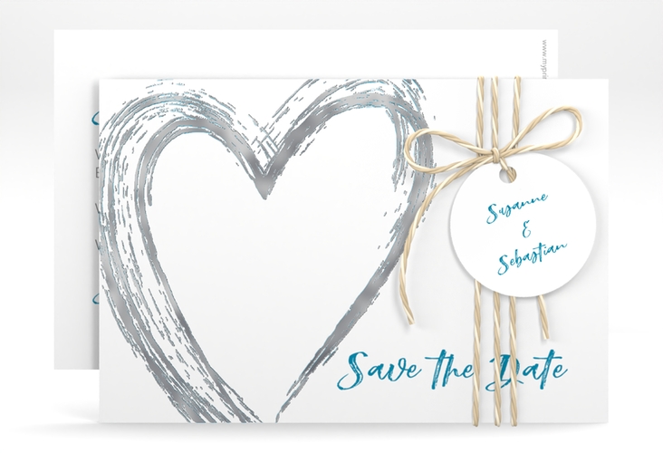 Save the Date-Karte Liebe A6 Karte quer tuerkis silber
