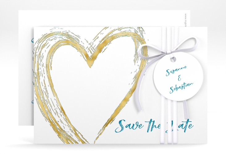 Save the Date-Karte Liebe A6 Karte quer tuerkis gold
