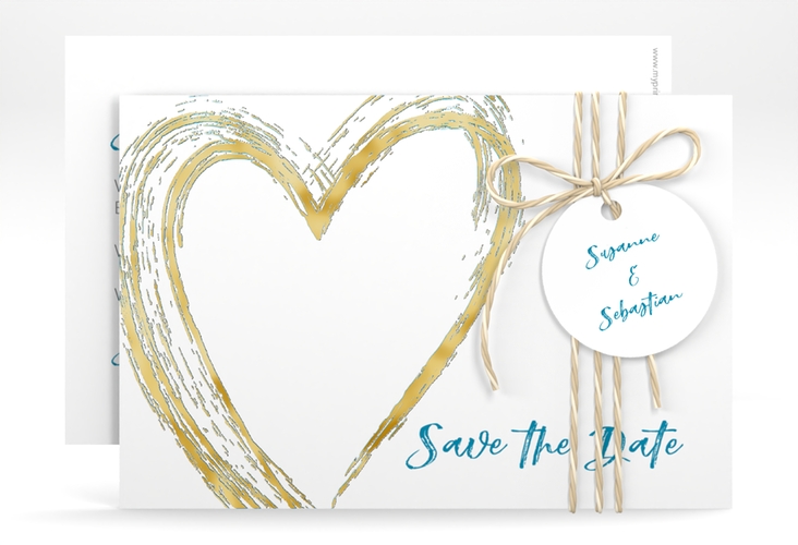 Save the Date-Karte Liebe A6 Karte quer tuerkis gold