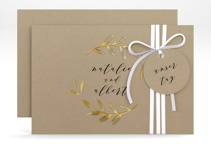 Save the Date-Karte Naturelove A6 Karte quer schwarz gold in Kraftpapier-Optik mit Blattzeichnung