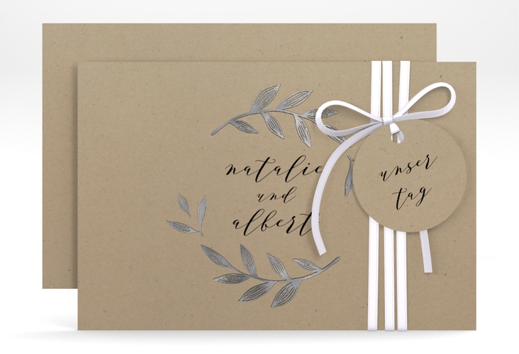 Save the Date-Karte Naturelove A6 Karte quer schwarz silber in Kraftpapier-Optik mit Blattzeichnung