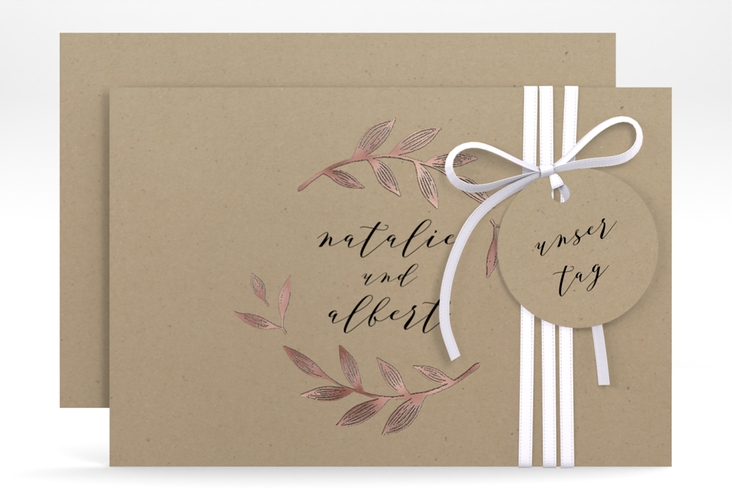 Save the Date-Karte Naturelove A6 Karte quer schwarz rosegold in Kraftpapier-Optik mit Blattzeichnung