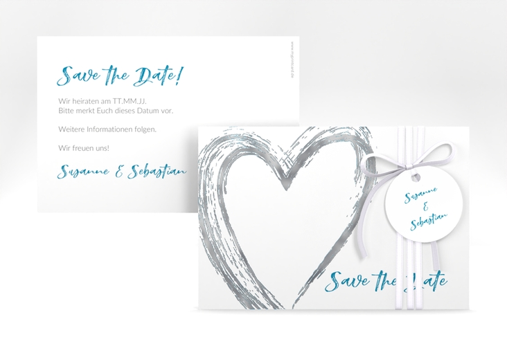 Save the Date-Karte Liebe A6 Karte quer tuerkis silber
