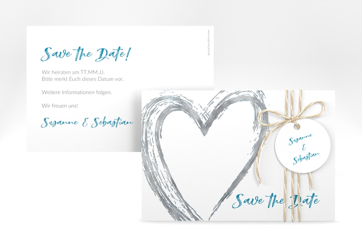 Save the Date-Karte Liebe A6 Karte quer tuerkis silber
