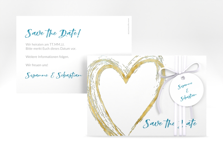 Save the Date-Karte Liebe A6 Karte quer tuerkis gold