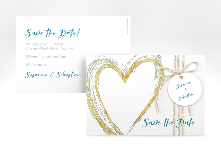 Save the Date-Karte Liebe A6 Karte quer tuerkis gold
