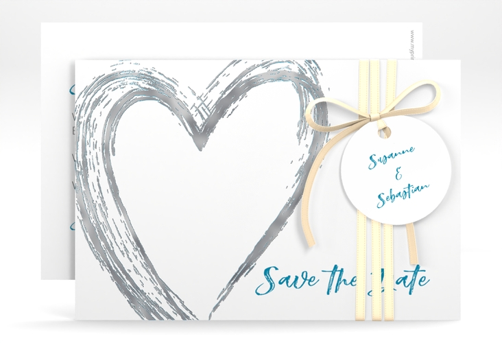Save the Date-Karte Liebe A6 Karte quer tuerkis silber