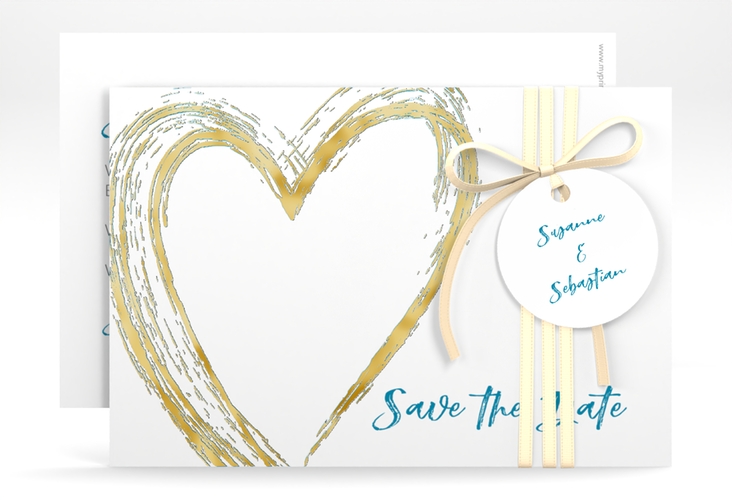 Save the Date-Karte Liebe A6 Karte quer tuerkis gold