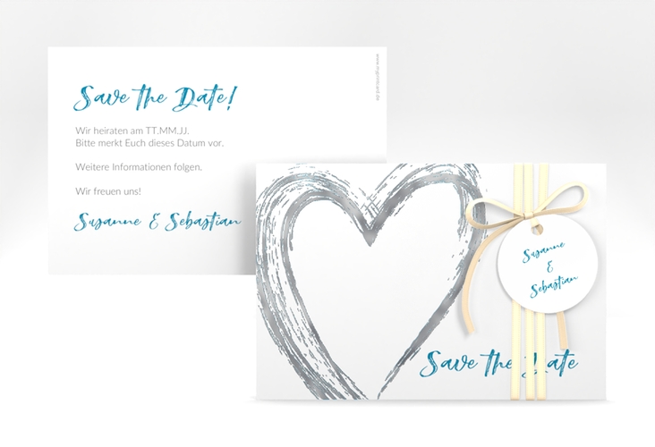 Save the Date-Karte Liebe A6 Karte quer tuerkis silber