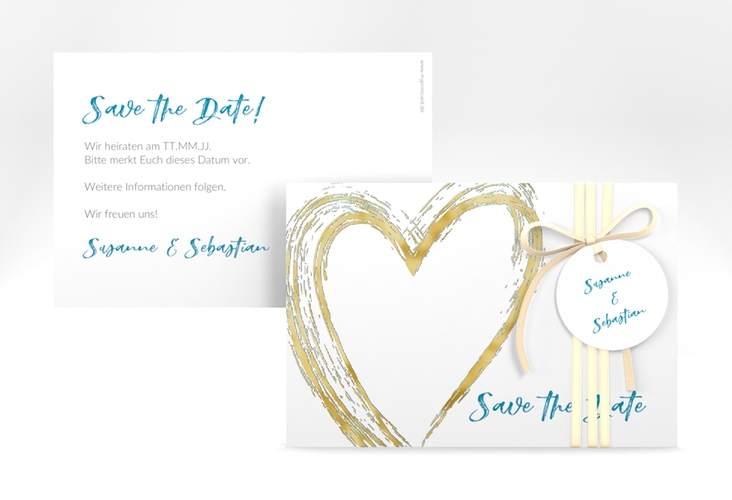 Save the Date-Karte Liebe A6 Karte quer tuerkis gold