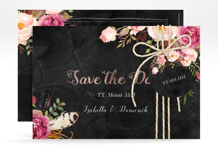 Save the Date-Karte Flowers A6 Karte quer schwarz rosegold mit bunten Aquarell-Blumen
