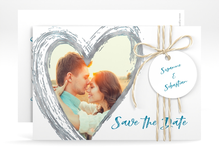 Save the Date-Karte Liebe A6 Karte quer tuerkis silber