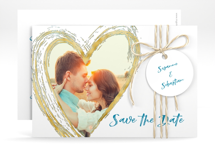 Save the Date-Karte Liebe A6 Karte quer tuerkis gold
