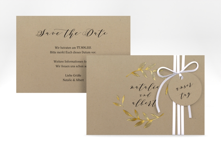 Save the Date-Karte Naturelove A6 Karte quer schwarz gold in Kraftpapier-Optik mit Blattzeichnung