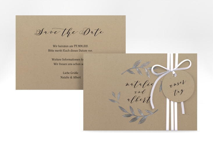 Save the Date-Karte Naturelove A6 Karte quer schwarz silber in Kraftpapier-Optik mit Blattzeichnung