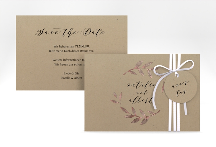 Save the Date-Karte Naturelove A6 Karte quer schwarz rosegold in Kraftpapier-Optik mit Blattzeichnung