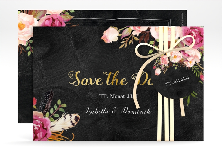 Save the Date-Karte Flowers A6 Karte quer schwarz gold mit bunten Aquarell-Blumen