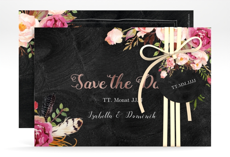Save the Date-Karte Flowers A6 Karte quer schwarz rosegold mit bunten Aquarell-Blumen