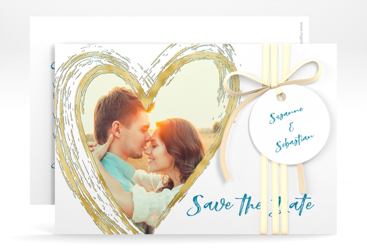 Save the Date-Karte Liebe A6 Karte quer tuerkis gold
