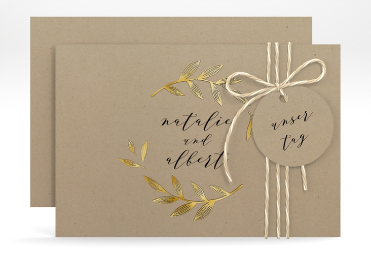 Save the Date-Karte Naturelove A6 Karte quer schwarz gold in Kraftpapier-Optik mit Blattzeichnung