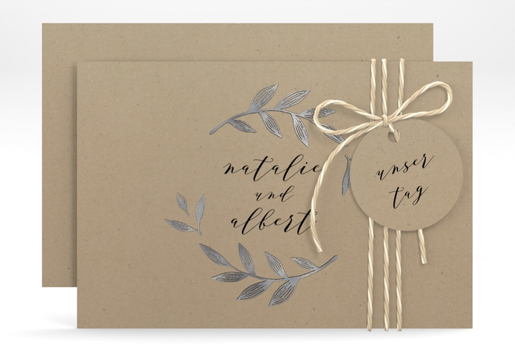 Save the Date-Karte Naturelove A6 Karte quer schwarz silber in Kraftpapier-Optik mit Blattzeichnung