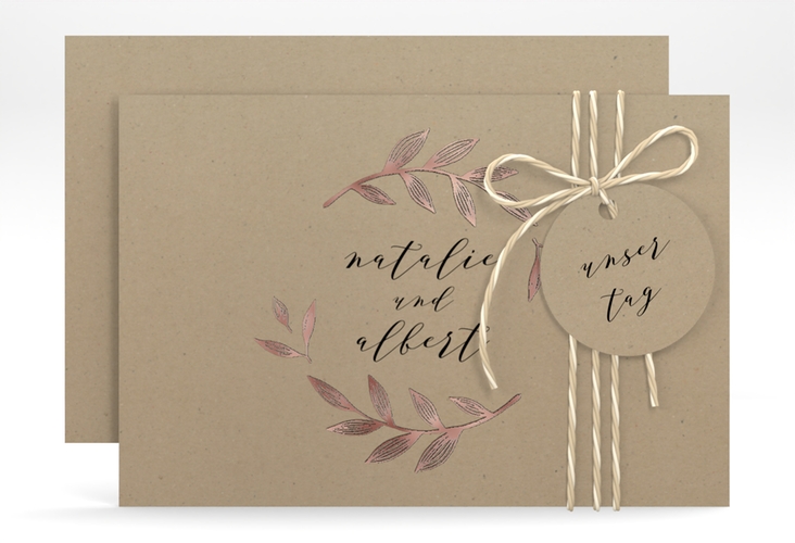 Save the Date-Karte Naturelove A6 Karte quer schwarz rosegold in Kraftpapier-Optik mit Blattzeichnung