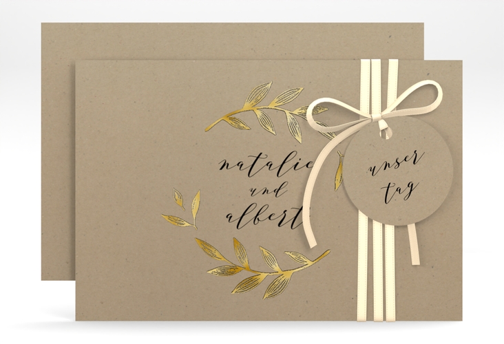 Save the Date-Karte Naturelove A6 Karte quer schwarz gold in Kraftpapier-Optik mit Blattzeichnung