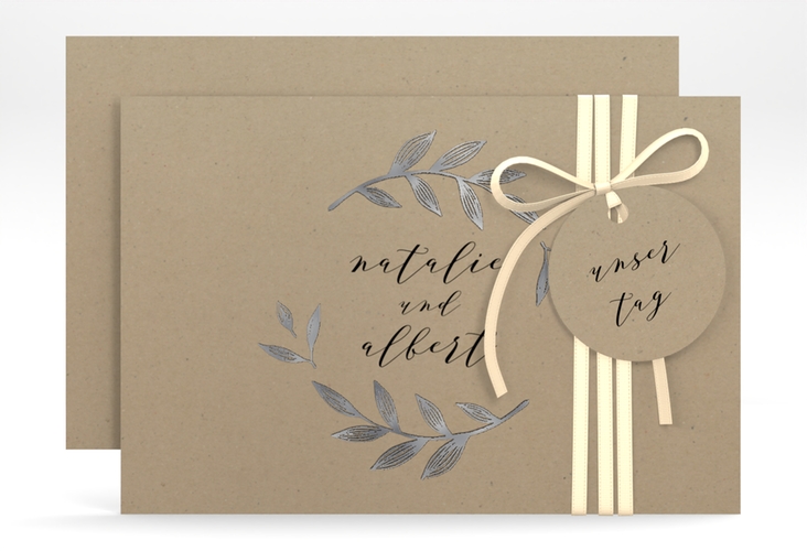 Save the Date-Karte Naturelove A6 Karte quer schwarz silber in Kraftpapier-Optik mit Blattzeichnung