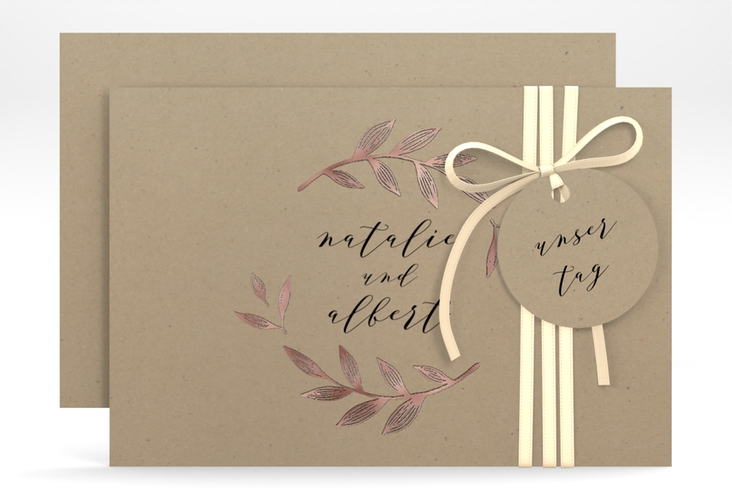 Save the Date-Karte Naturelove A6 Karte quer schwarz rosegold in Kraftpapier-Optik mit Blattzeichnung