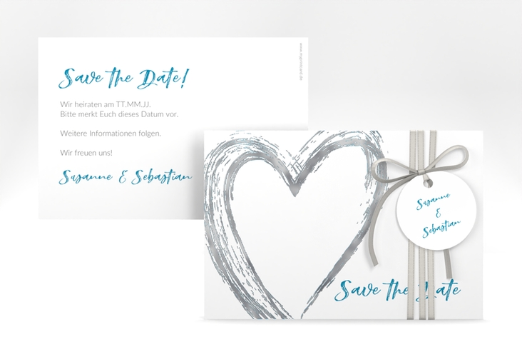 Save the Date-Karte Liebe A6 Karte quer tuerkis silber