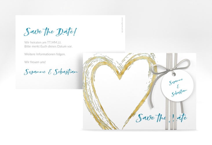 Save the Date-Karte Liebe A6 Karte quer tuerkis gold