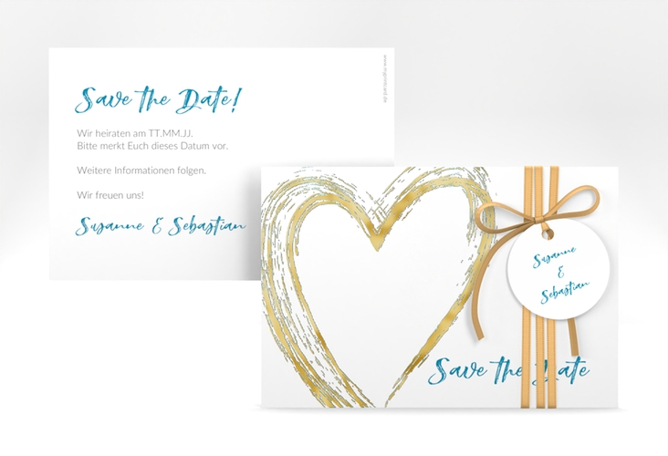 Save the Date-Karte Liebe A6 Karte quer tuerkis gold