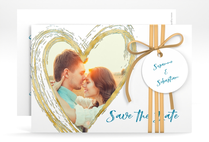 Save the Date-Karte Liebe A6 Karte quer tuerkis gold