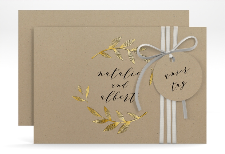 Save the Date-Karte Naturelove A6 Karte quer schwarz gold in Kraftpapier-Optik mit Blattzeichnung